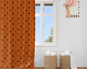 Orange Blackout Curtain – Halloween Spooky Pumpkin Witch Ghost Cat Holiday Decor