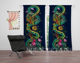 Aztec Serpent Blackout Curtain – Dragon Feather Art, Teal Green Mythic Decor