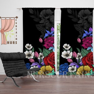 Flower Curtain, Colorful curtain, Floral Curtain, Black Curtain, Living Room Blackout Curtain, Gothic Decor, Gift for Her