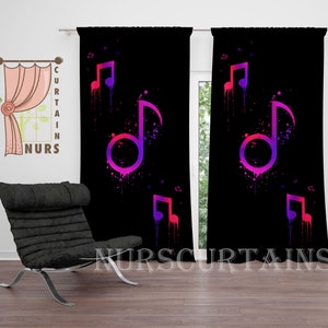 Cortina de notas musicais, cortina de arte musical preta, cortina blackout de quarto, cortina de sala de música