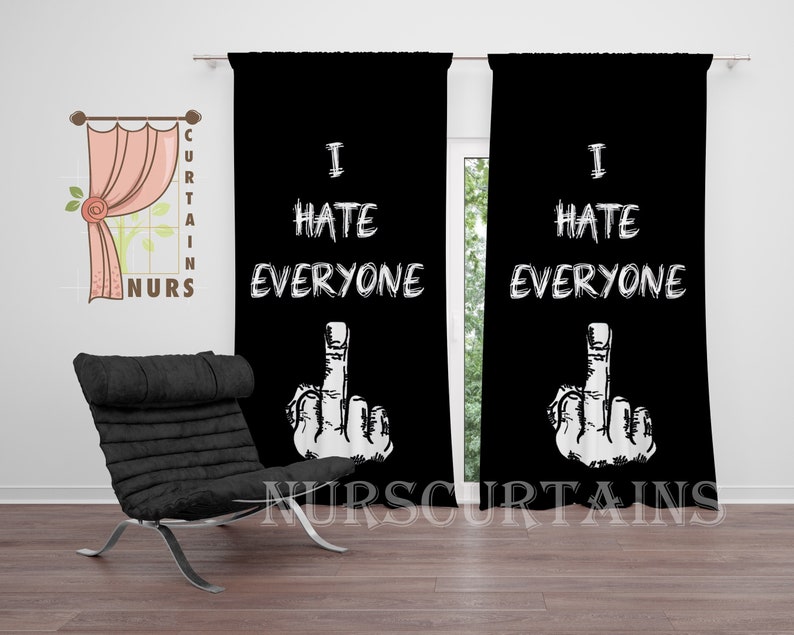 Middle Finger Sign Curtain, I Hate Everyone Text Curtain, Black and White Curtain, Teenage Room Blackout Curtain, Funny Curtain image 1