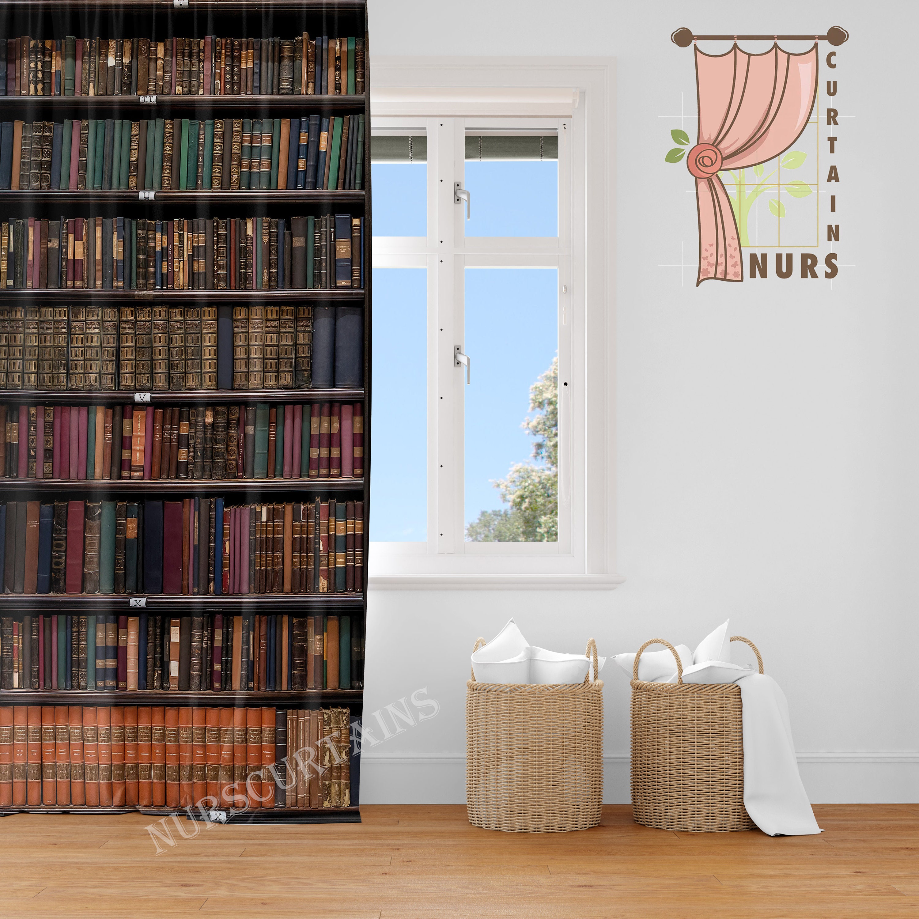 SDOTPMT Sala studio Libreria Tenda della finestra Annata Libreria Occidentale Classico Libri Bambini Educazione Tende per finestre per Biblioteca Aula Tende opache 53x160cm, 2 Pannelli
