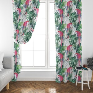 Parrots and Tropic Leafs Patterned Curtain, Aesthetic Living Room Curtain, Bedroom Decor, Beach House Decor