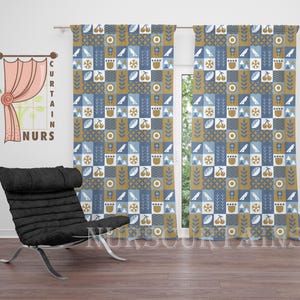 Abstract Scandinavian Curtain, Modern Geometric Pattern Curtain, Blackout Curtain, Minimalist Birds and Leaves Curtain