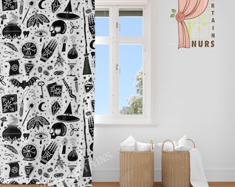 May include: Black and white curtain panel featuring a repeating pattern of witchy symbols, including a cauldron, a witch's hat, a hand, a crystal, a crescent moon, a bat, a wand, a potion bottle, and a broom. The curtain is hanging in a window with a white wall and a wicker basket.