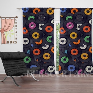 Cortina de gravação de vinil estilo retrô, cortina de música, decoração de casa nostálgica, cortina blackout de quarto de adolescente, presente para músico