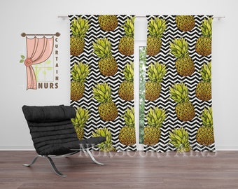 Pineapple Themed Kitchen Curtain, Zigzag Printed Blackout Dining Room Curtain, Modern Minimal Home Fruit Decor