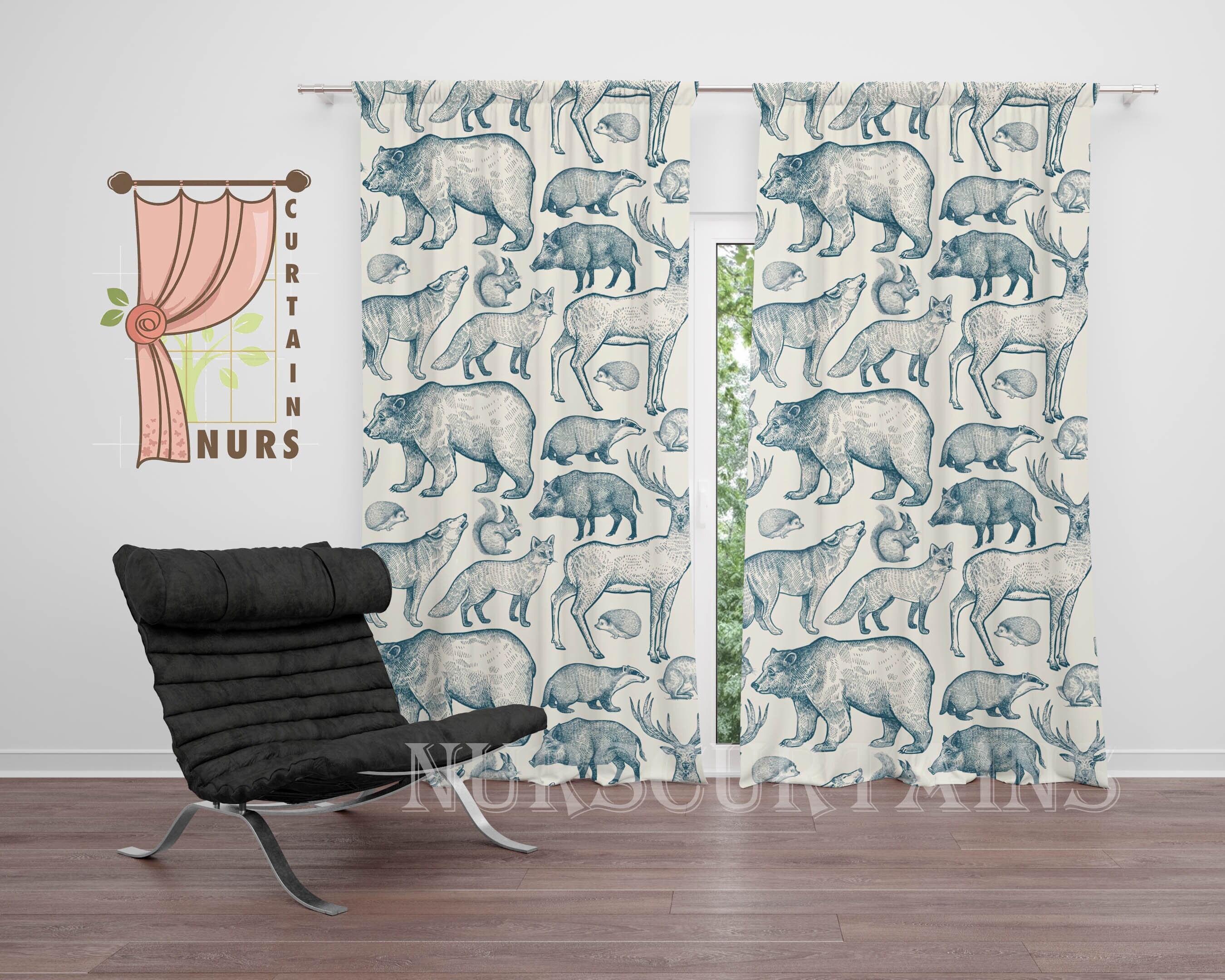 Animal Pattern Curtain: Bear, Fox, Wolf, Rabbit - Kids Room Decor