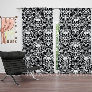 Black and White Skull Printed Curtain, Gothic Room Curtain, Horror Decor, Blackout Curtain, Gothic Style Curtain