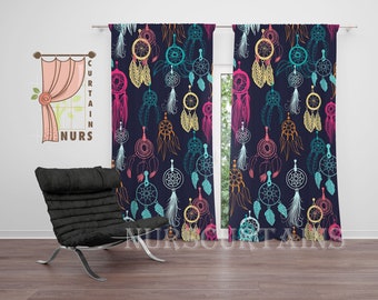 Dreamcatcher Blackout Curtain Navy – Boho Feather Sketch Tribal Hippie Room Decor