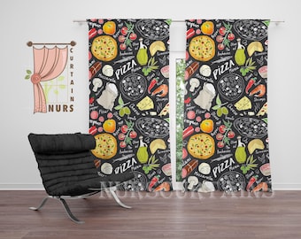 Food Pattern Blackout Kitchen Curtain: Pizza, Vegetables, Olive Theme