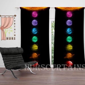 May include: Two black curtains with a colorful solar system design. The planets are arranged vertically in a rainbow pattern. The curtains are hung on a white wall.