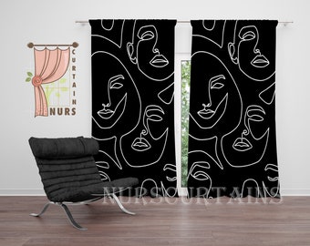 Face Line Art Curtains, Black and White Minimal Kitchen Curtain, Aesthetic Home Decor, Blackout Curtain