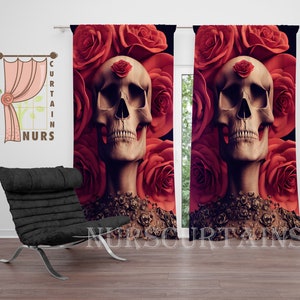 Skull Roses Themed Curtain, Gothic Style Teenage Room Curtain, Blackout Red Rose Printed Bedroom Curtain