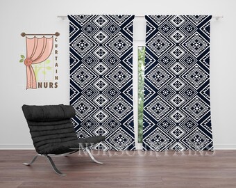 Navy Geometric Blackout Curtain – Blue Tribal Diamond Art, Southwest Ikat Decor