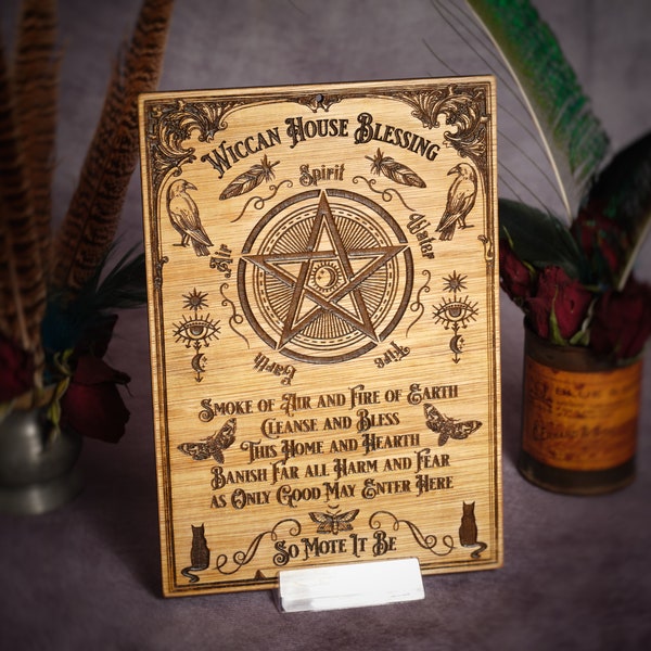 Wooden Wiccan House Blessing - Traditonally Varnished - A Little Piece of Witchcraft and Cute Witchy Decor. Engraved Protection Spell