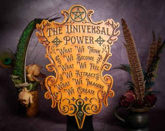 Wiccan Wall Hanging / Altar Piece - The Universal Power - Beautiful Witchy Wall Art and Pagan Decor - Ideal Pagan Gift - Engraved Wood