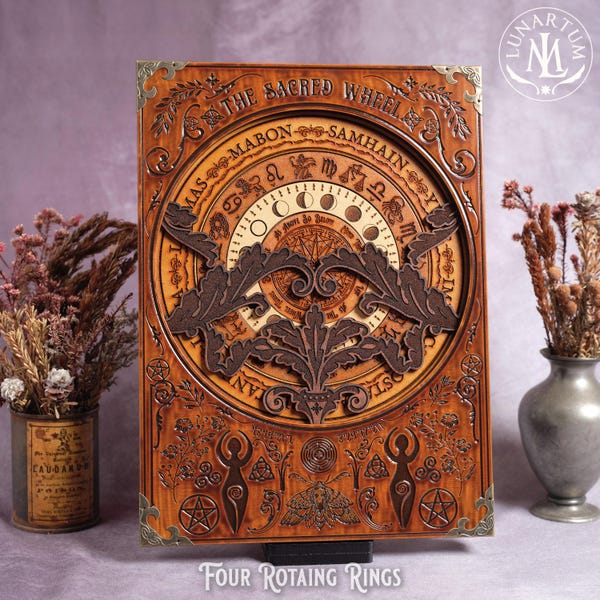 Rotating Wooden Wheel of The Year – Interactive Wiccan Sabbat Calendar & Pagan Altar Decor