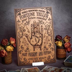 May include: A vintage-style fortune teller sign with a hand palm reading chart, the text "WORLD RENOWNED PSYCHIC FORTUNE TELLER your future revealed PAST PRESENT AND FUTURE LOVE FATE WEALTH & HEALTH", and ornate decorative flourishes.