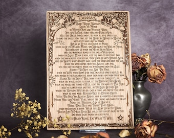 May include: A wooden plaque with a burnt-in design of a poem titled "The Wiggan Rede". The poem is about Wiccan laws and traditions. The plaque is decorated with a star and a circle.