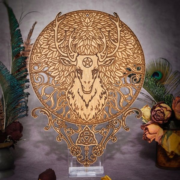 Stunning Pagan Stag Wall Art & Altar Piece - Pagan God Cernunnos. A Beautiful Witchy Gift with pentacle / pentagram , triquetra triskelion