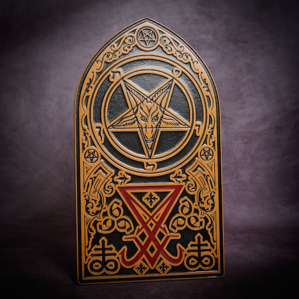 Sigil of Baphomet with Leviathan Cross and  Seal of Satan - Three Inverted Pentagrams & 666 iconography - Engraved Wood Wall Hanging