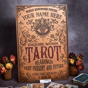 Grande cartello personalizzato in legno con cartomante - Lettura dei tarocchi - Stile vintage - Decorazione pagana stregata / Regalo perfetto per strega Arte murale gotica