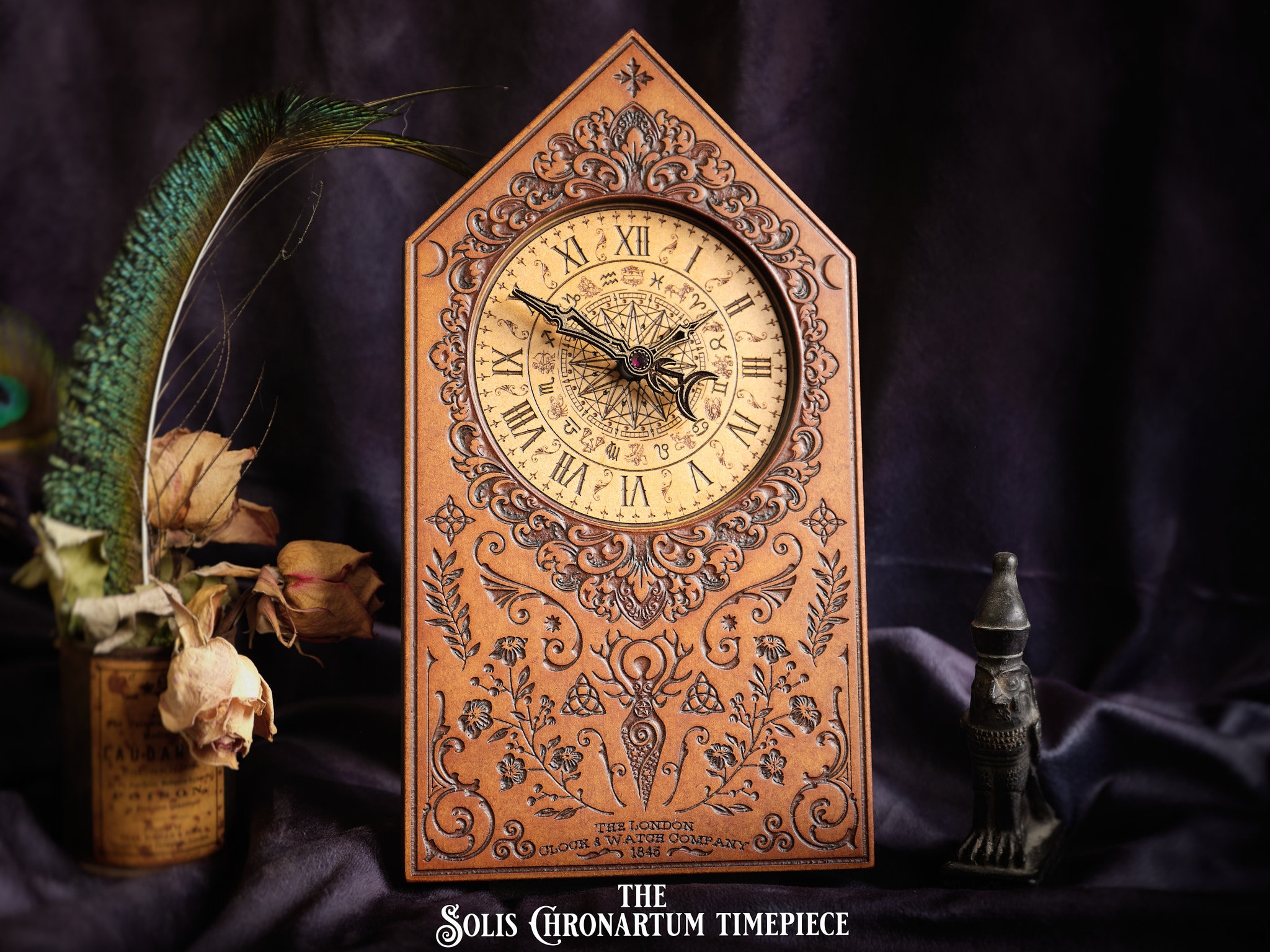 Compact Mystical Wall or Mantle Clock. Wiccan & Pagan Goddess design with Celestial Zodial Details. Beautiful Witchy Gift