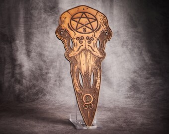Celtic Style Raven Skull Wall Hanging - Wiccan / Pagan / Norse Mythology - Pentacle Triskelion  Runes Iconography