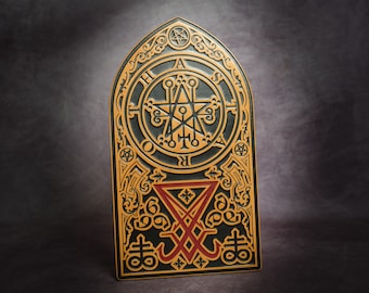 Sigil of Astaroth with Leviathan Cross and  Seal of Satan - Engraved Wooden Wall Hanging - Three Inverted Pentagrams & 666 iconography