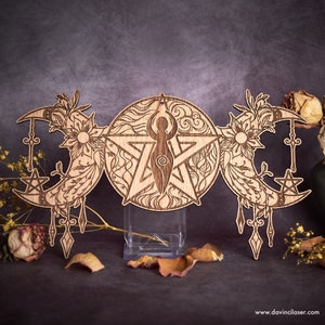 Triple Moon Goddess Shrine Piece & Wall Hanging - Wiccan Pagan - Engraved Oak