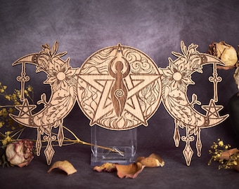 Triple Moon Goddess Shrine Piece & Wall Hanging - Wiccan Pagan - Engraved Oak