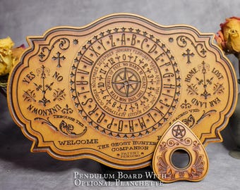 Engraved Wooden Pendulum Board – Wiccan Divination Tool, Spirit Communication (Optional Planchette)