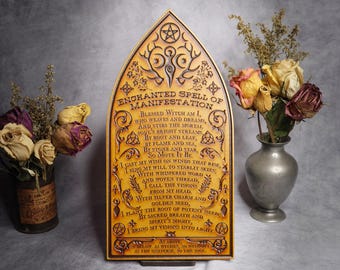 Victorian Manifestation Spell Wall Art – Gothic Arch with Goddess, Cernunnos Antlers, Pentacle – Wiccan Pagan Protection Decor Handmade