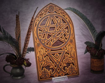 Sigil of The Gate with Leviathan Cross and  Seal of Satan - Three Inverted Pentagrams - Temple of Satan Engraved Wood Wall Hanging