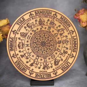 Wiccan & Pagan Wheel of the Year Altar Plate  –  Astrology Zodiac Symbols – Engraved Pagan Sabbat Decor – Witchcraft Shrine or Display Piece