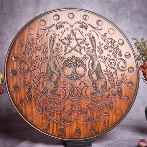Large Wiccan Altar Plate & Wall Hanging - Wheel of the Year Themed - Ostara. With Tree of Life and Pentagram - Pagan and Witchy Decor Gift