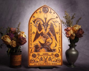 Engraved Baphomet (Eliphas Levi) Wall Hanging with Leviathan Cross and  Seal of Satan - Inverted Pentagrams & 666 icons. Gothic arch design.