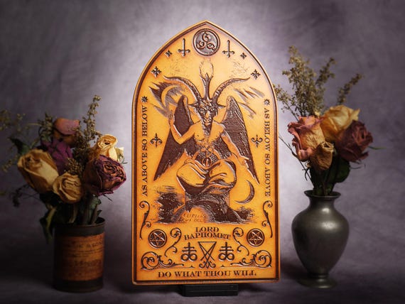 Engraved Baphomet (Eliphas Levi) Wall Hanging with Leviathan Cross and  Seal of Satan - Inverted Pentagrams & 666 icons. Gothic arch design.