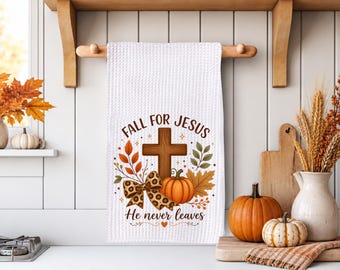 Christian Fall Kitchen Towel, Faith Pumpkin Cross Decor, Leopard Bow Autumn Leaves