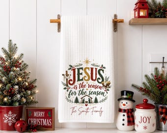 Personalized Nativity Christmas Towel, Jesus Reason Season Family Name Tea Towel