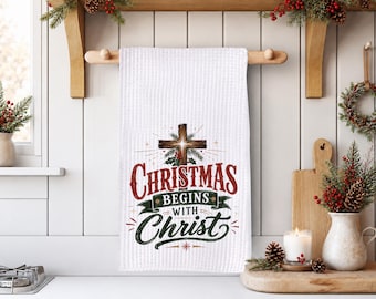 Christian Christmas Kitchen Towel, Rustic Cross Holiday Decor