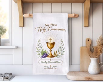 Personalized First Holy Communion Kitchen Towel, Catholic Communion Keepsake Gift, Custom Child Name Tea Towel, Baptism & Religious Gift