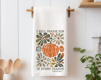 Fall Pumpkin Kitchen Towel, Floral Thanksgiving Decor, Christian Hostess Gift