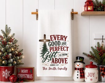 Personalized Christian Christmas Kitchen Towel, James 1:17 Scripture Tea Towel