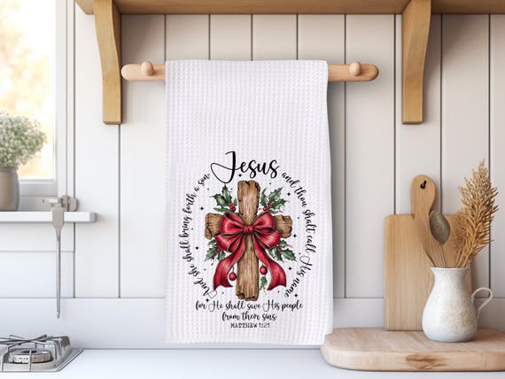 Christmas Kitchen Towel | She Shall Bring Forth a Son Jesus - Nativity Scene | Matthew 1:21 | Christian Gift for Her | 16x24 Waffle Towel