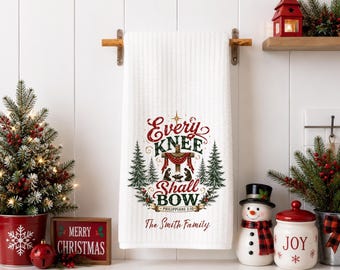 Personalized Christmas Nativity Towel, Every Knee Shall Bow Scripture Decor