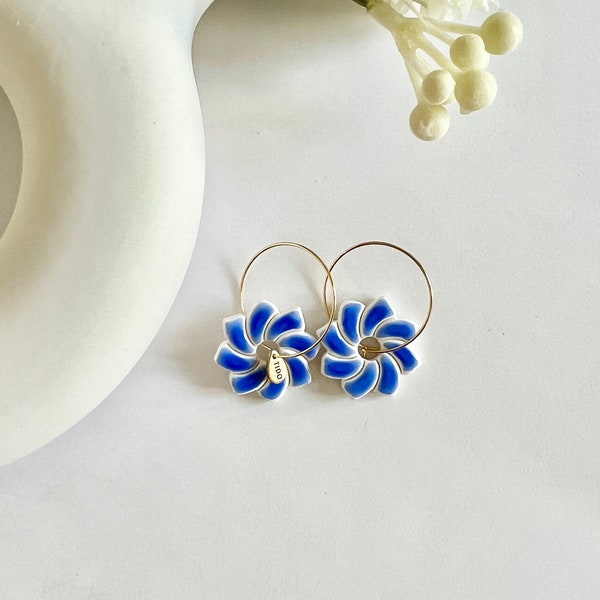 Circle Earrings Mediterranean Collection - Summer Earrings - Ceramic Imitation - Blue and White Earrings - Hypoallergenic Earrings