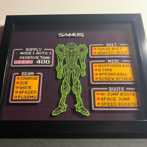 SNES Super Metroid “Pause Menu” 3D Shadow Box (8 x 10)