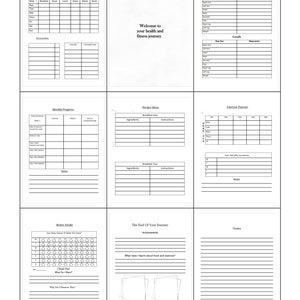 May include: A printable fitness journal with sections for meal planning, weekly progress, recipe ideas, exercise planning, water intake, and reflections on the end of the journey. The journal includes sections for tracking meals, weight, measurements, and exercise.